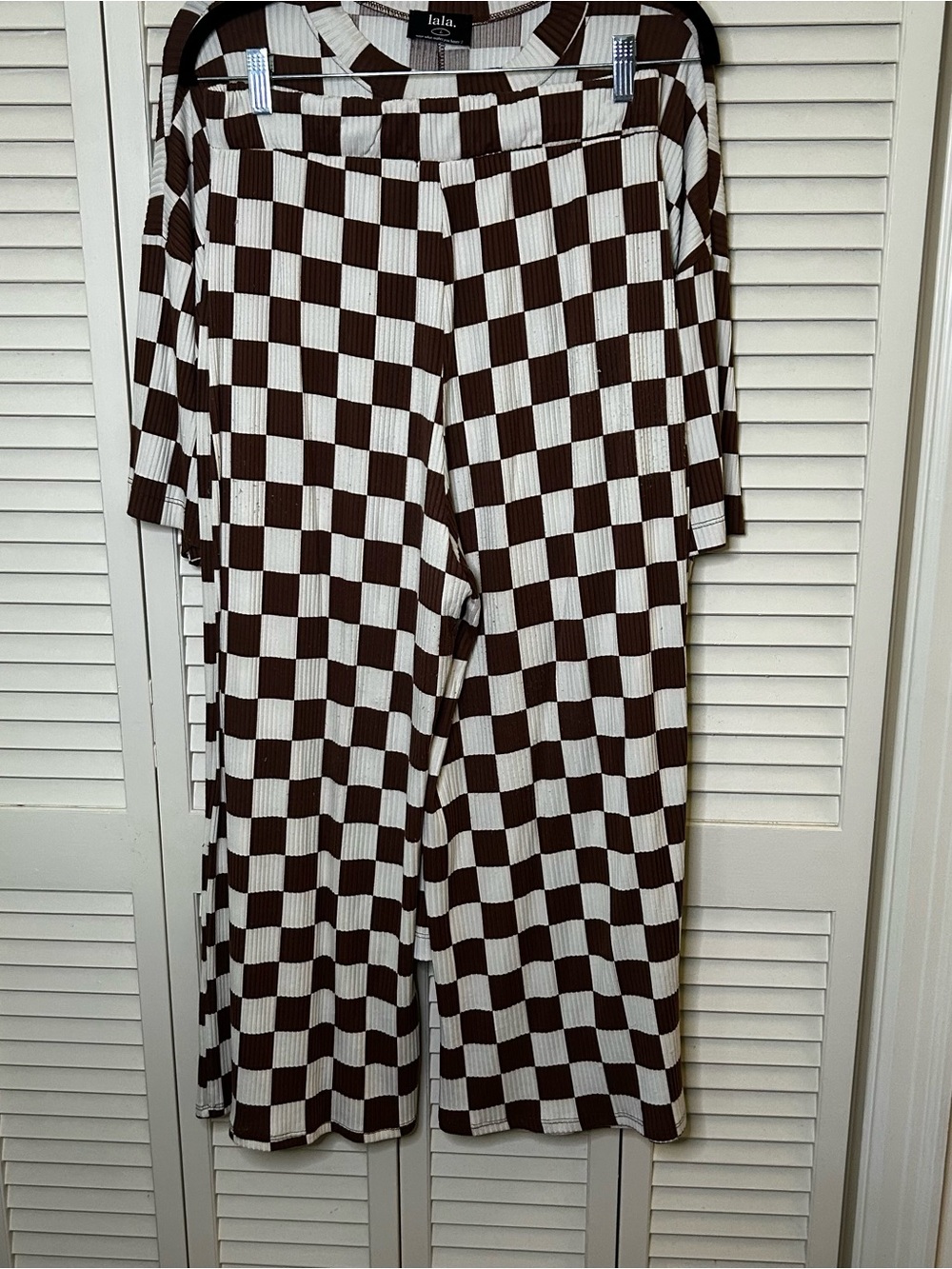 Dressed in LALA Lex Ribbed Checkerboard Playsuit in Cookie Dough size L - Picture 8 of 10